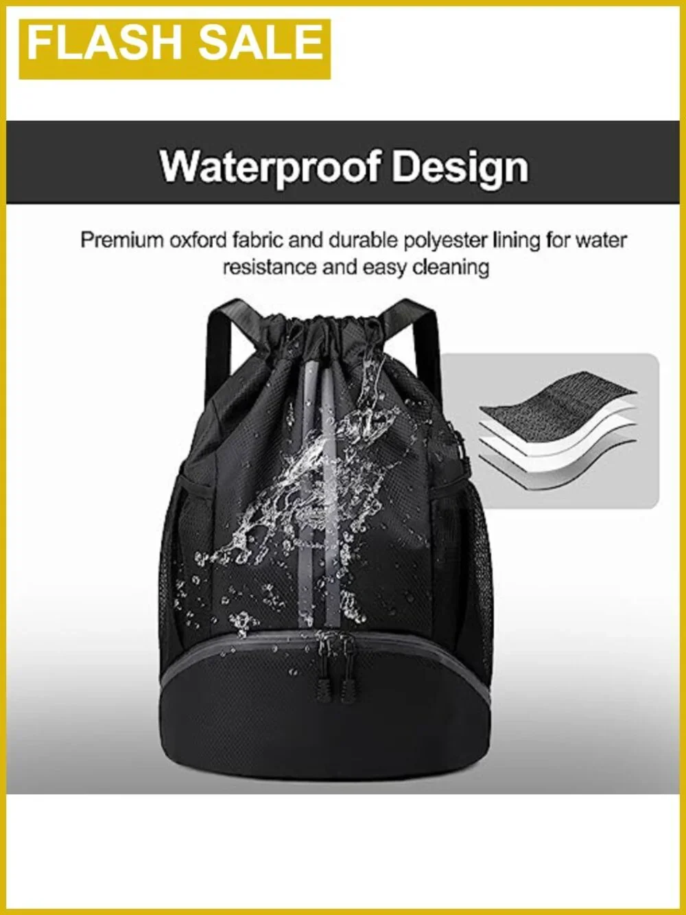 Water Resistant Drawstring Backpack Gym Swim Bag Separate Shoe Compartment